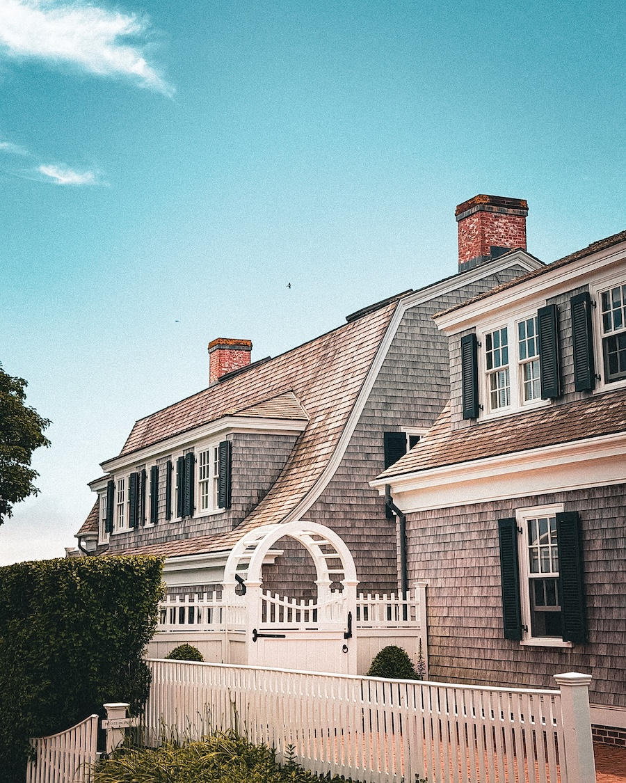 Weathered shingle house with white trim on Martha's Vineyard